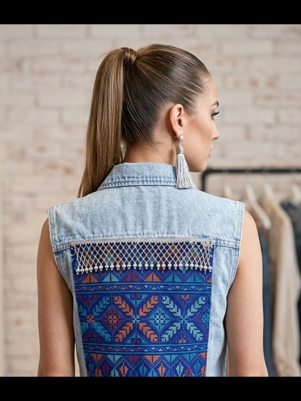 Embroidered Denim Vest with Blue Aztec Panel Middle Eastren Designer Size S